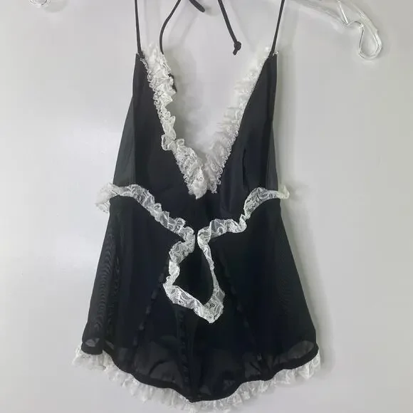 Victoria's Secret Mesh Babydoll LARGE Lingerie Lacy Black Lace Teddy Nightie - Picture 2 of 7